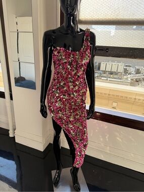One-Shoulder Pink Sequin Asymmetric Cocktail Dress